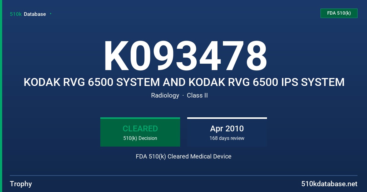 K093478 KODAK RVG 6500 SYSTEM AND KODAK RVG 6500 IPS SYSTEM FDA 510(k) Cleared Medical Device