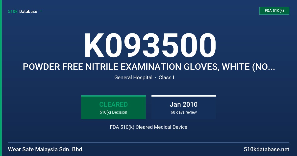 K093500 POWDER FREE NITRILE EXAMINATION GLOVES, WHITE (NON-COLORED) OR BLUE (COLORED), NON-STERILE FDA 510(k) Cleared Medical Device