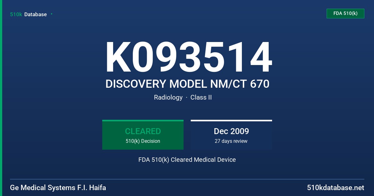 K093514 DISCOVERY MODEL NM/CT 670 FDA 510(k) Cleared Medical Device