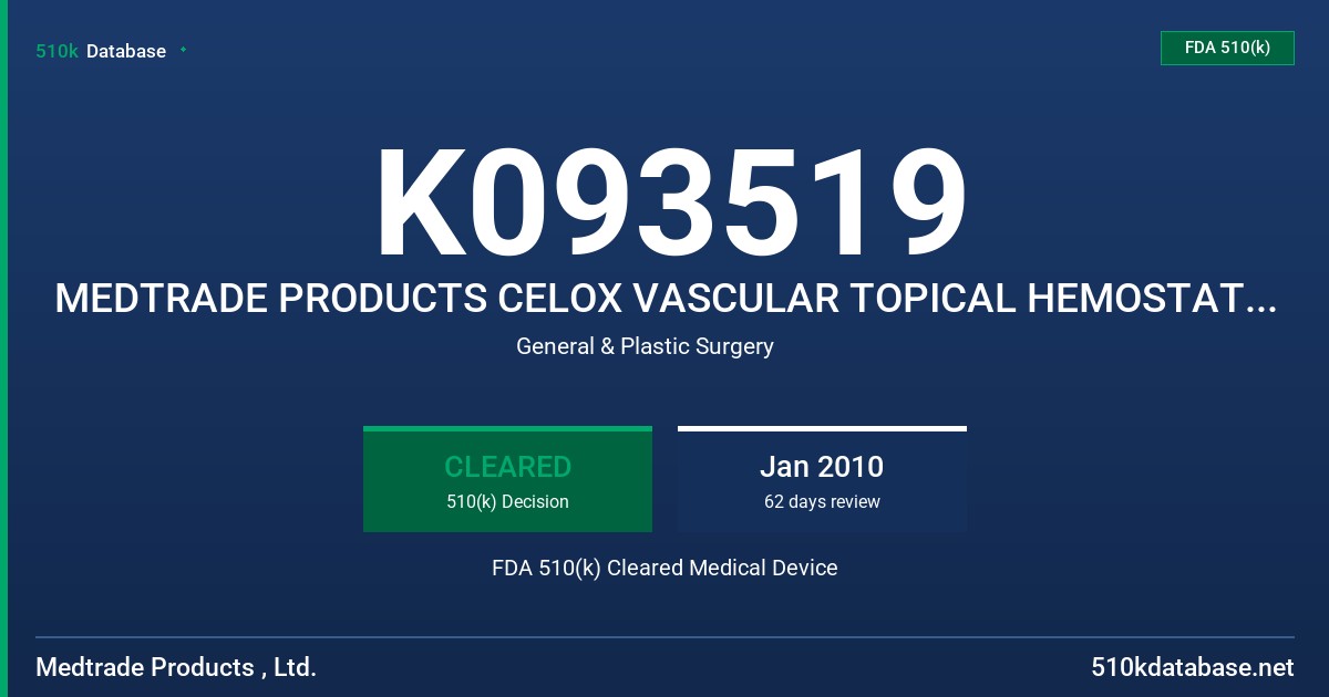 K093519 MEDTRADE PRODUCTS CELOX VASCULAR TOPICAL HEMOSTATIC GRANULES ON SHEET FDA 510(k) Cleared Medical Device