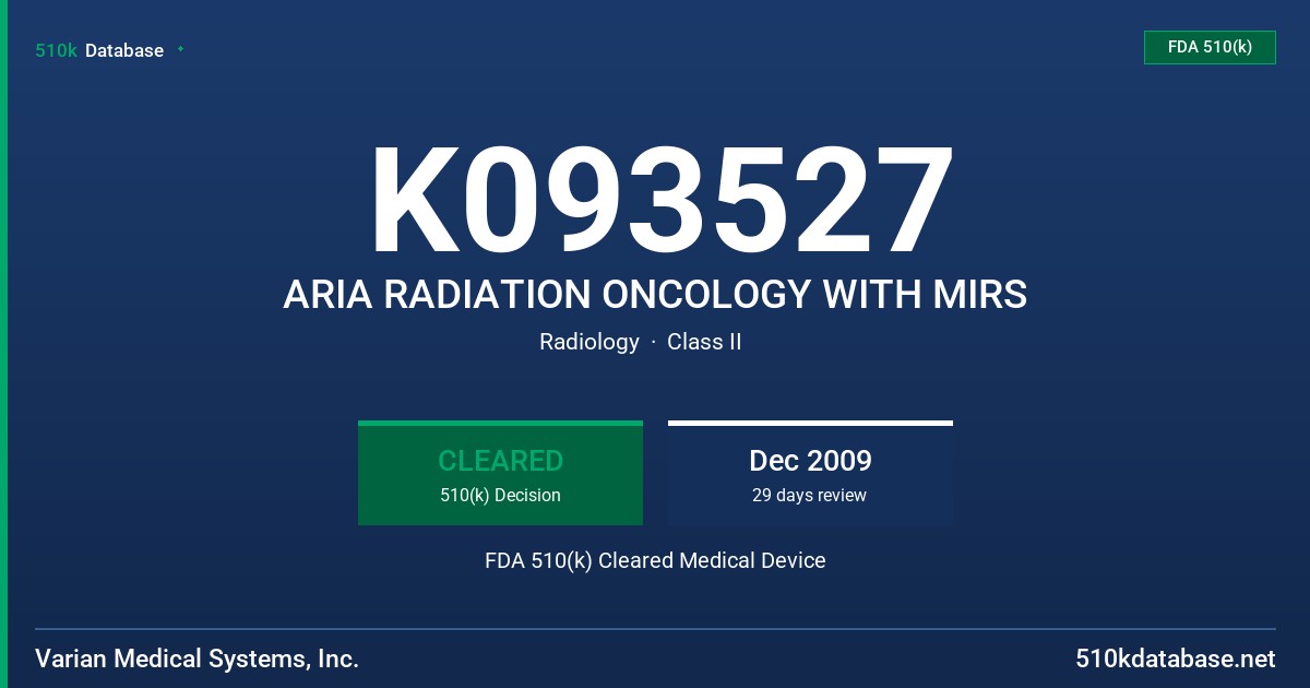 K093527 ARIA RADIATION ONCOLOGY WITH MIRS FDA 510(k) Cleared Medical Device