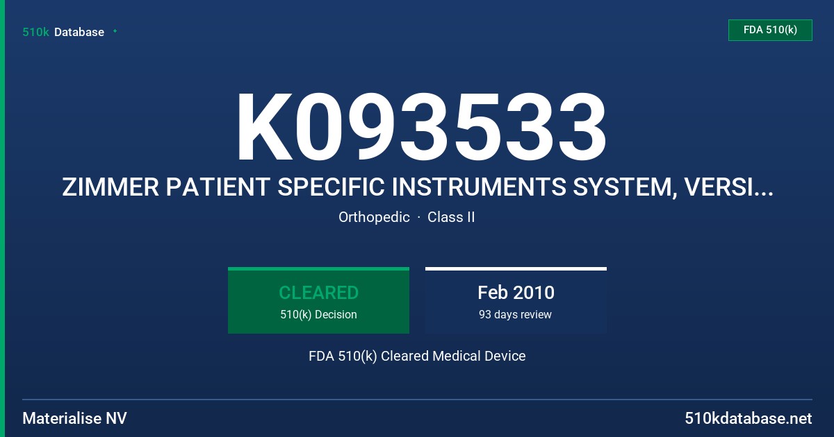 K093533 ZIMMER PATIENT SPECIFIC INSTRUMENTS SYSTEM, VERSION 2.0 FDA 510(k) Cleared Medical Device
