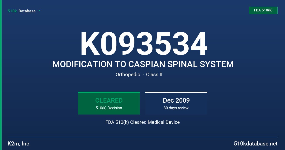 K093534 MODIFICATION TO CASPIAN SPINAL SYSTEM FDA 510(k) Cleared Medical Device