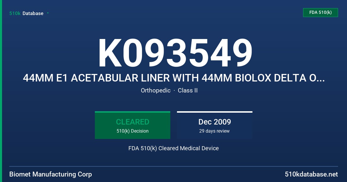 K093549 44MM E1 ACETABULAR LINER WITH 44MM BIOLOX DELTA OPTION CERAMIC HEAD OR 44MM M A MAGNUM FDA 510(k) Cleared Medical Device