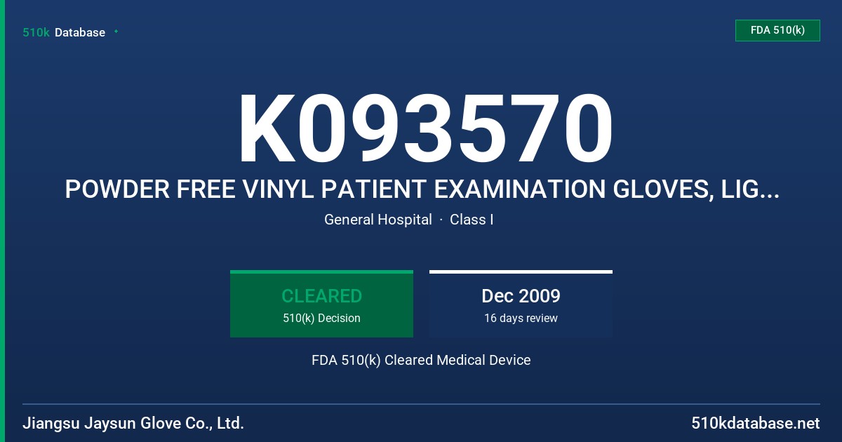 K093570 POWDER FREE VINYL PATIENT EXAMINATION GLOVES, LIGHT YELLOW COLOR FDA 510(k) Cleared Medical Device