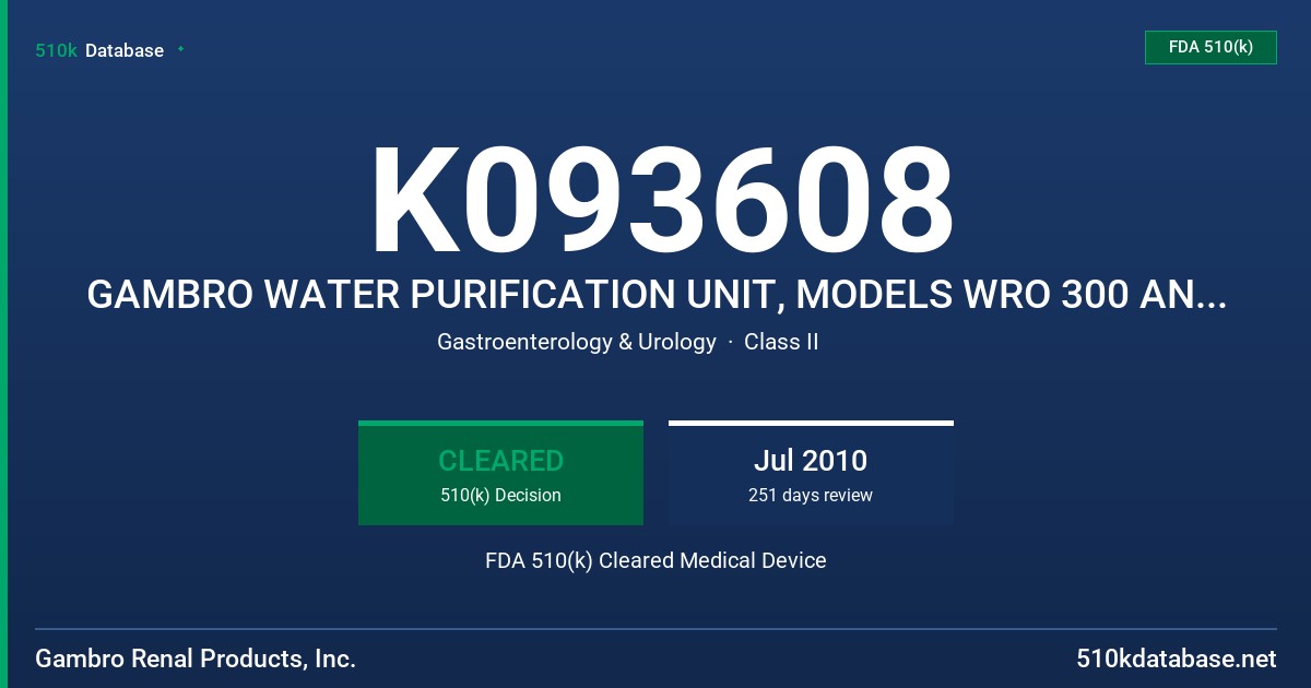 K093608 GAMBRO WATER PURIFICATION UNIT, MODELS WRO 300 AND WRO 300 H FDA 510(k) Cleared Medical Device