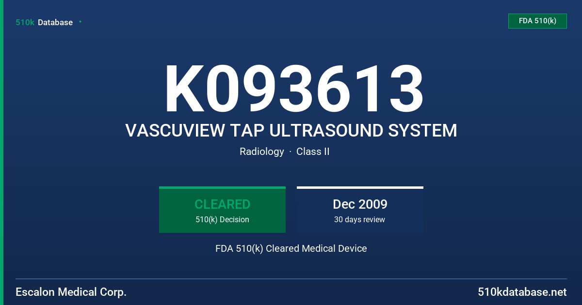 K093613 VASCUVIEW TAP ULTRASOUND SYSTEM FDA 510(k) Cleared Medical Device