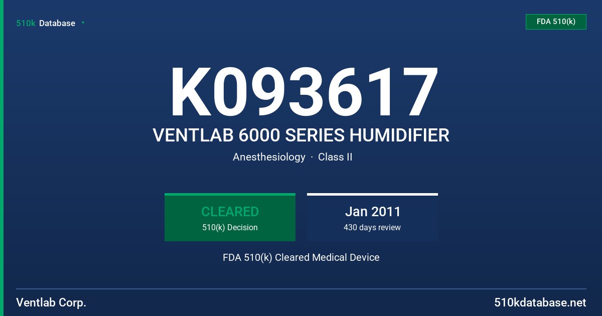 K093617 VENTLAB 6000 SERIES HUMIDIFIER FDA 510(k) Cleared Medical Device