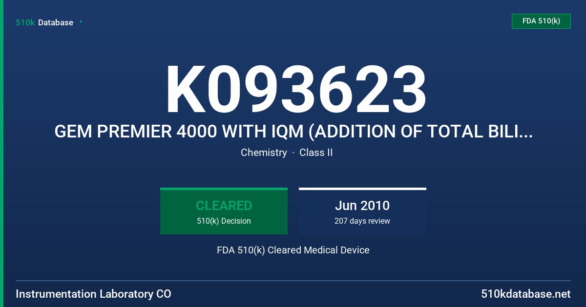 K093623 GEM PREMIER 4000 WITH IQM (ADDITION OF TOTAL BILIRUBIN PARAMETER), GEM CVP 2 (ADDITION OF TOTAL BILIRUBIM ASSIGNMENT TO FDA 510(k) Cleared Medical Device