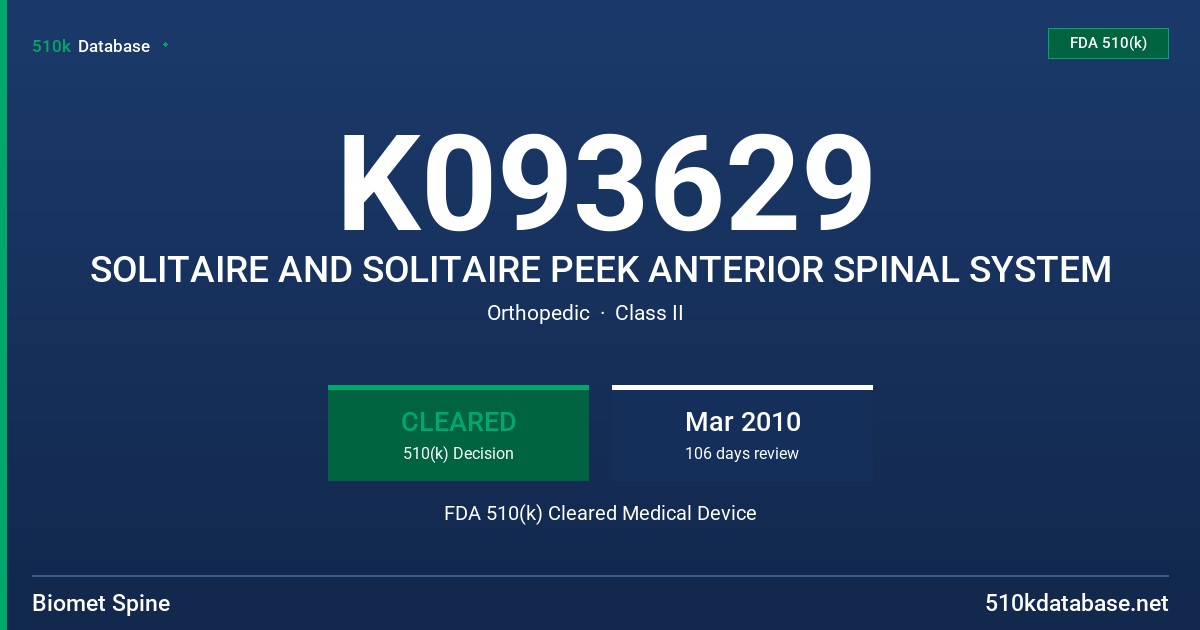 K093629 SOLITAIRE AND SOLITAIRE PEEK ANTERIOR SPINAL SYSTEM FDA 510(k) Cleared Medical Device