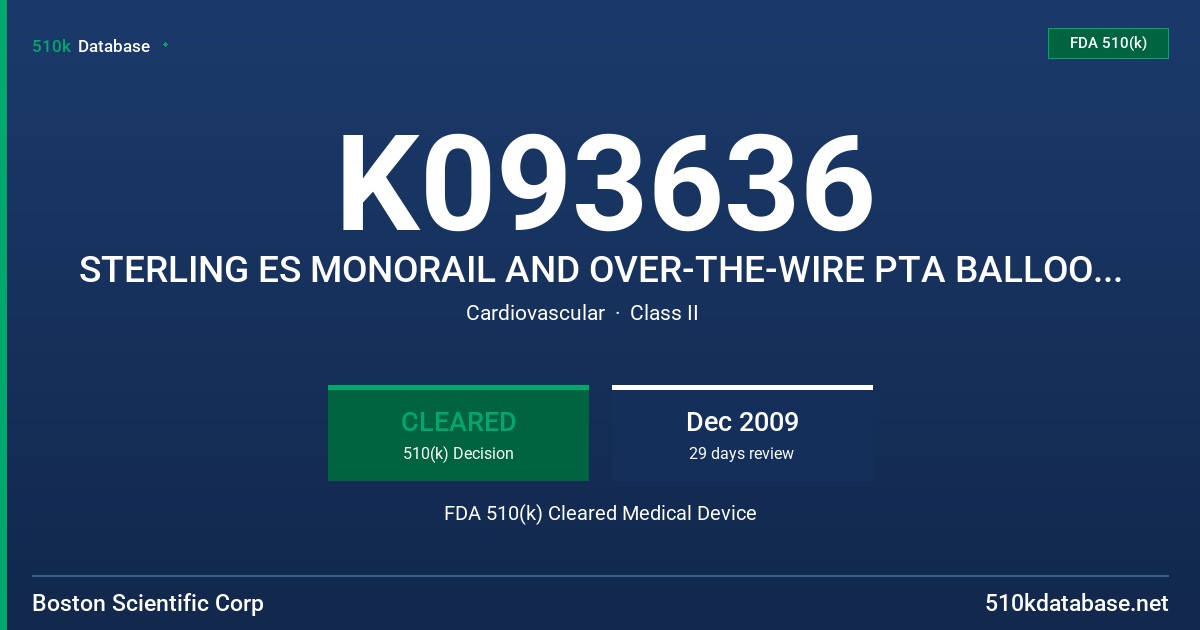 K093636 STERLING ES MONORAIL AND OVER-THE-WIRE PTA BALLOON DILATATION CATHETERS MODEL H74939334XXXXXXX FDA 510(k) Cleared Medical Device