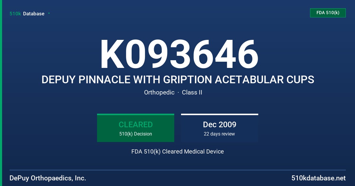 K093646 DEPUY PINNACLE WITH GRIPTION ACETABULAR CUPS FDA 510(k) Cleared Medical Device