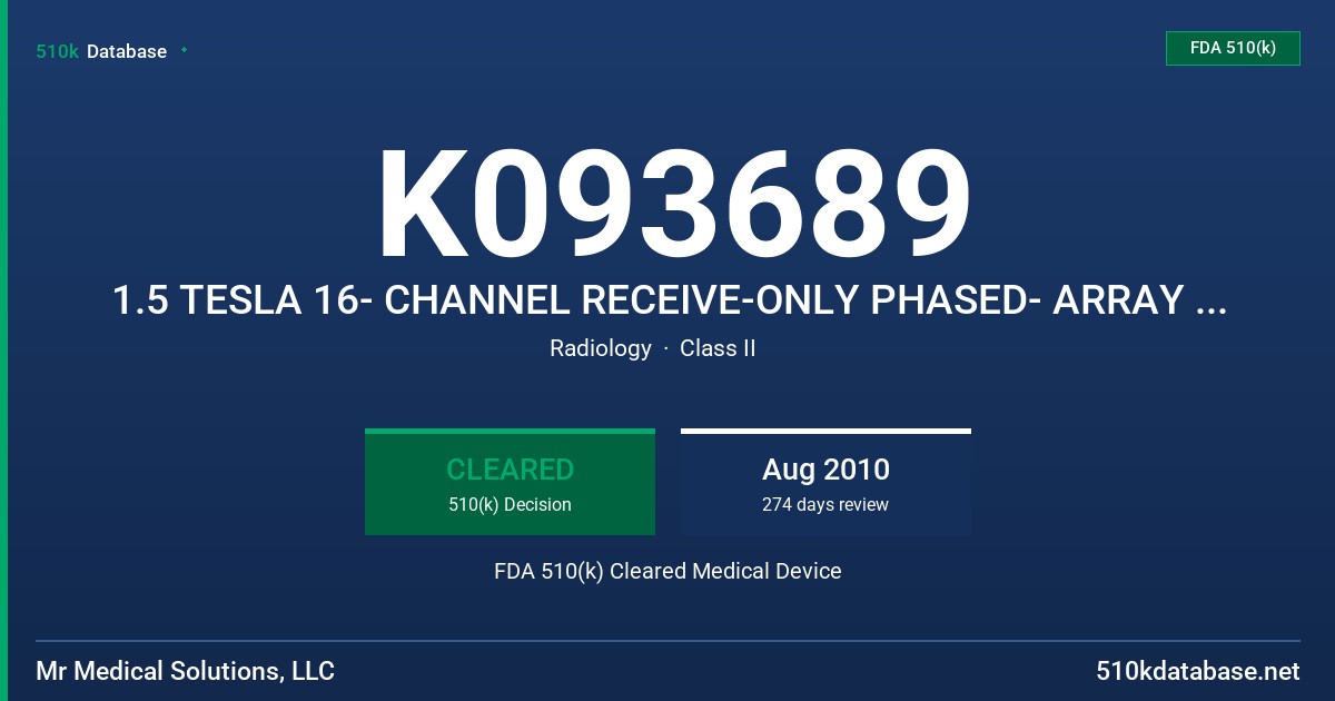 K093689 1.5 TESLA 16- CHANNEL RECEIVE-ONLY PHASED- ARRAY HEAD COIL FOR SIEMANS FDA 510(k) Cleared Medical Device