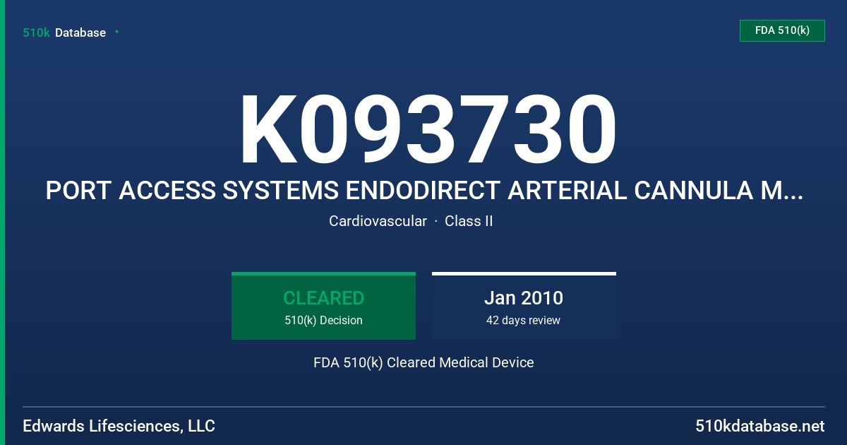 K093730 PORT ACCESS SYSTEMS ENDODIRECT ARTERIAL CANNULA MODEL ED24 (OLD CODE WAS-DFK24) FDA 510(k) Cleared Medical Device