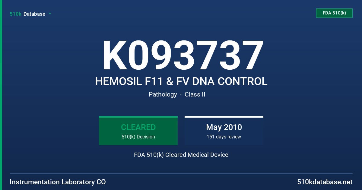 K093737 HEMOSIL F11 & FV DNA CONTROL FDA 510(k) Cleared Medical Device