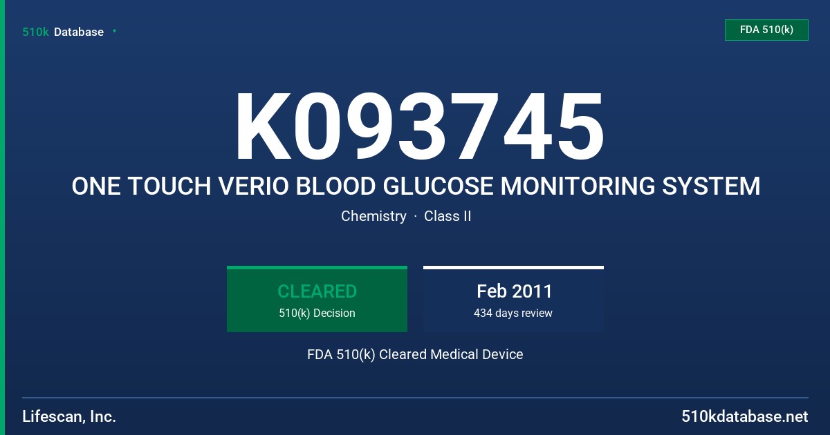 K093745 ONE TOUCH VERIO BLOOD GLUCOSE MONITORING SYSTEM FDA 510(k) Cleared Medical Device