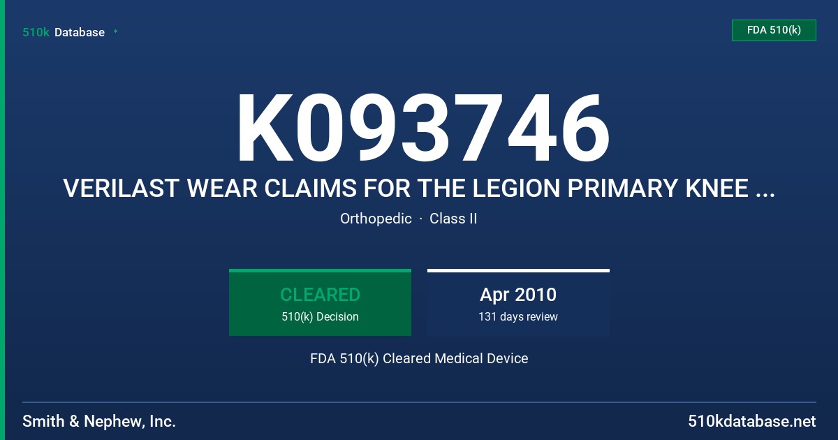 K093746 VERILAST WEAR CLAIMS FOR THE LEGION PRIMARY KNEE SYSTEM FDA 510(k) Cleared Medical Device