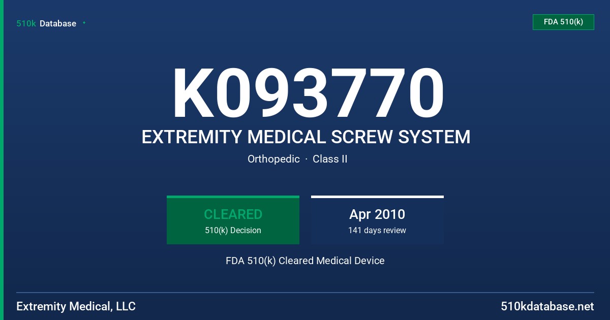 K093770 EXTREMITY MEDICAL SCREW SYSTEM FDA 510(k) Cleared Medical Device