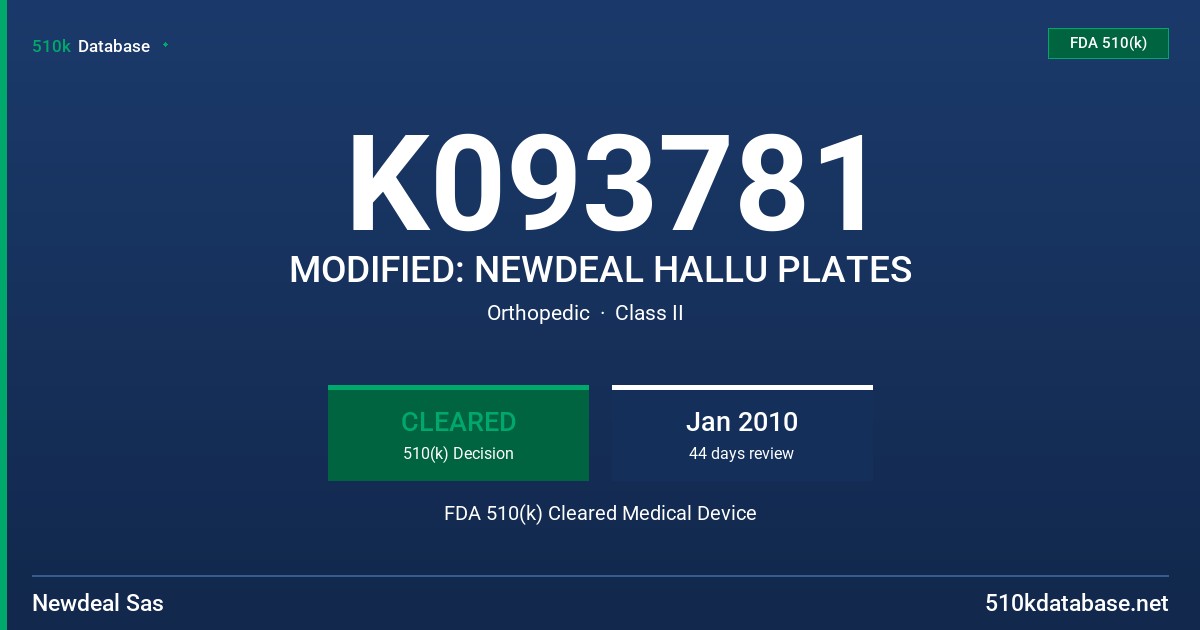 K093781 MODIFIED: NEWDEAL HALLU PLATES FDA 510(k) Cleared Medical Device