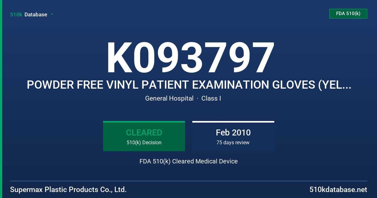 K093797 POWDER FREE VINYL PATIENT EXAMINATION GLOVES (YELLOW, WHITE) FDA 510(k) Cleared Medical Device