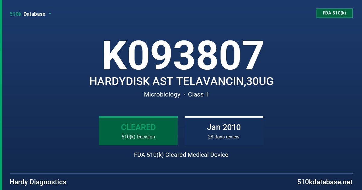 K093807 HARDYDISK AST TELAVANCIN,30UG FDA 510(k) Cleared Medical Device