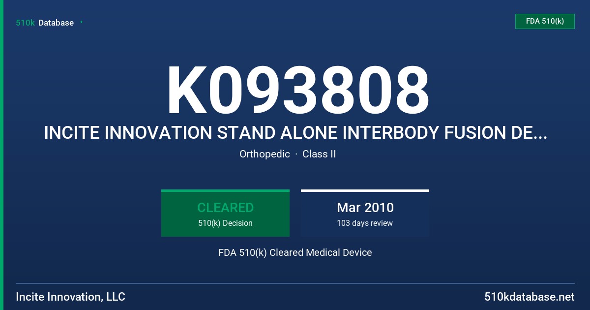 K093808 INCITE INNOVATION STAND ALONE INTERBODY FUSION DEVICE FDA 510(k) Cleared Medical Device