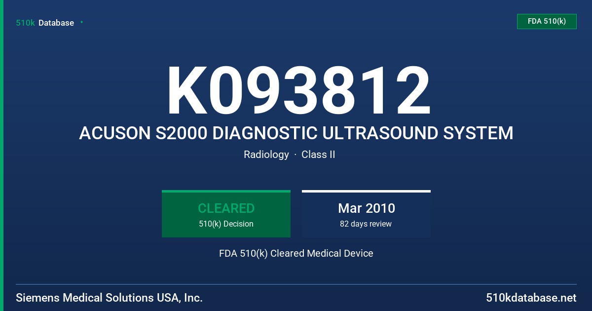 K093812 ACUSON S2000 DIAGNOSTIC ULTRASOUND SYSTEM FDA 510(k) Cleared Medical Device