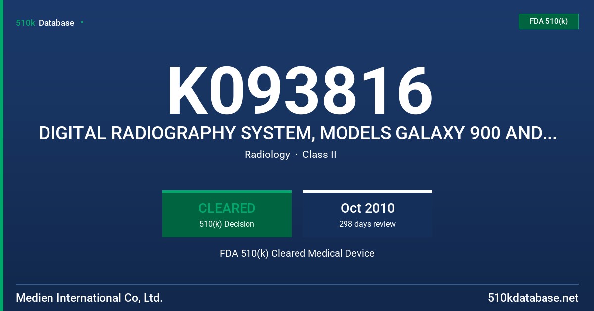 K093816 DIGITAL RADIOGRAPHY SYSTEM, MODELS GALAXY 900 AND 1600 FDA 510(k) Cleared Medical Device