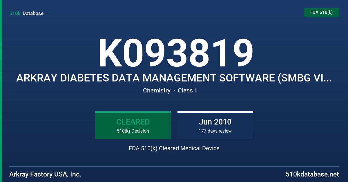 K093819 ARKRAY DIABETES DATA MANAGEMENT SOFTWARE (SMBG VIEWER) FDA 510(k) Cleared Medical Device