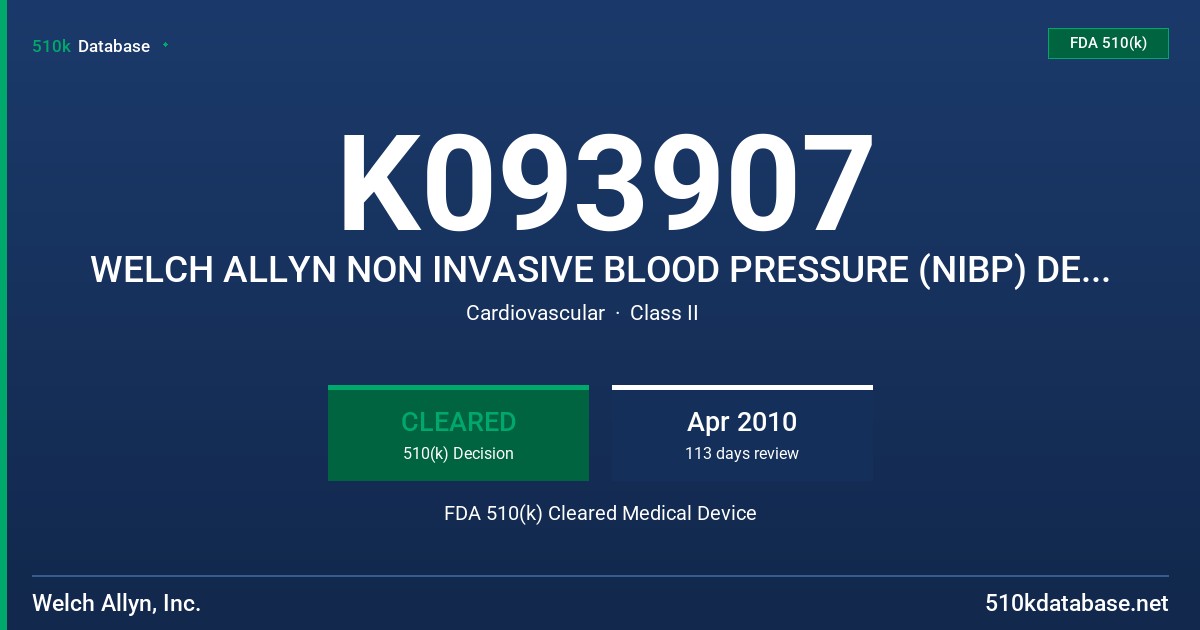 K093907 WELCH ALLYN NON INVASIVE BLOOD PRESSURE (NIBP) DEVICE FDA 510(k) Cleared Medical Device