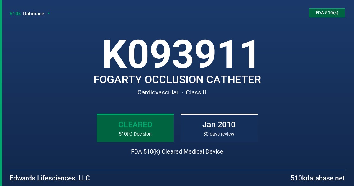 K093911 FOGARTY OCCLUSION CATHETER FDA 510(k) Cleared Medical Device