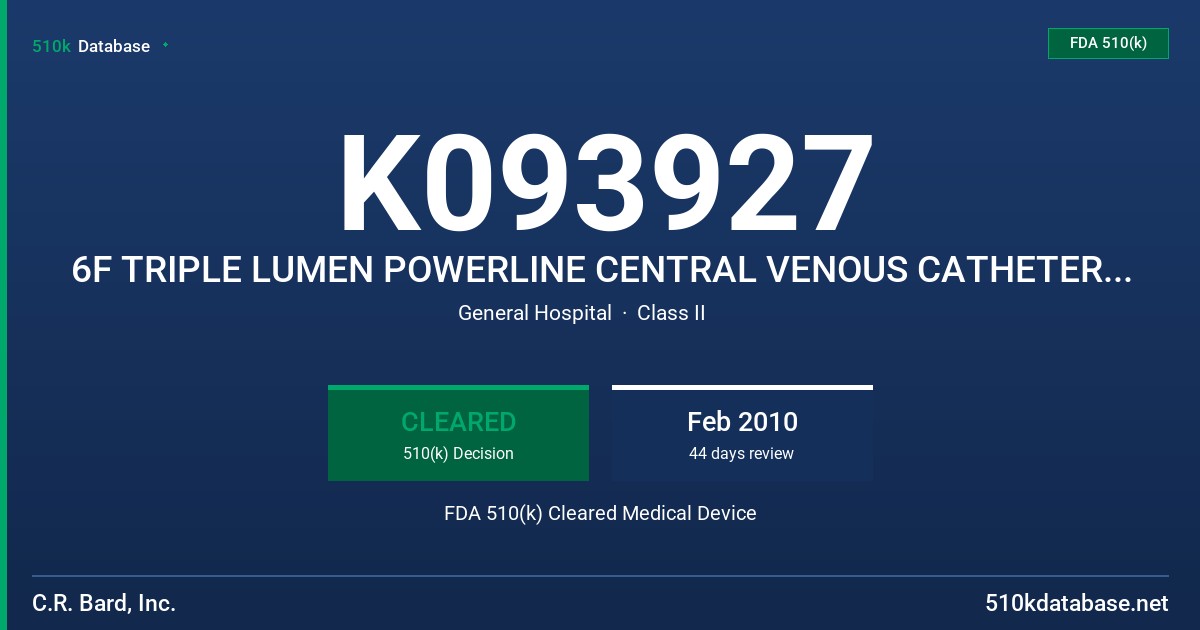 K093927 6F TRIPLE LUMEN POWERLINE CENTRAL VENOUS CATHETER, 5F DUAL LUMEN POWERLINE CENTRAL VENOUS CATHETER FDA 510(k) Cleared Medical Device