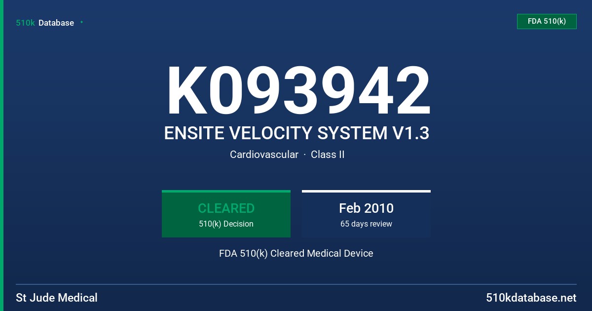 K093942 ENSITE VELOCITY SYSTEM V1.3 FDA 510(k) Cleared Medical Device