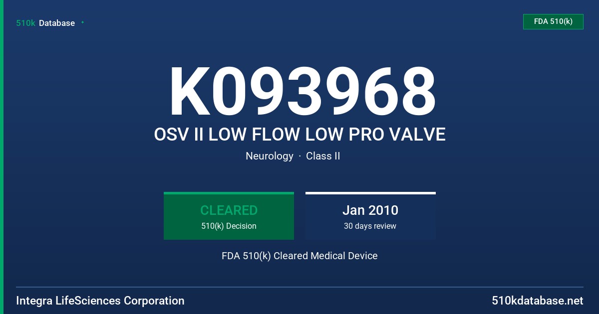 K093968 OSV II LOW FLOW LOW PRO VALVE FDA 510(k) Cleared Medical Device