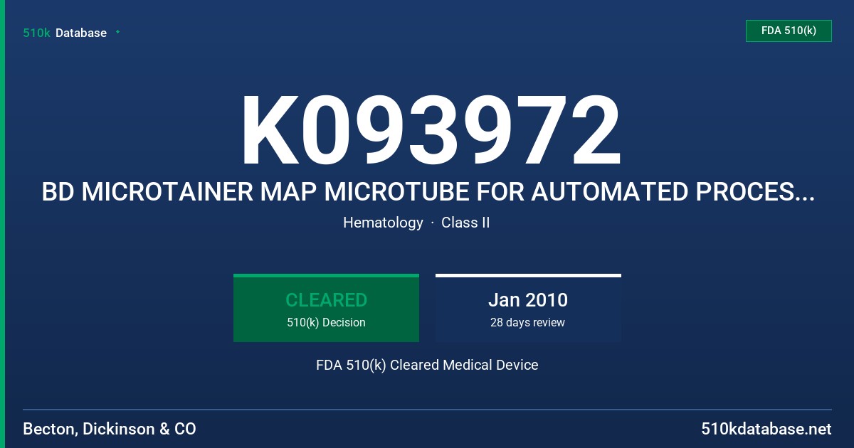 K093972 BD MICROTAINER MAP MICROTUBE FOR AUTOMATED PROCESS, MODEL 363706 FDA 510(k) Cleared Medical Device
