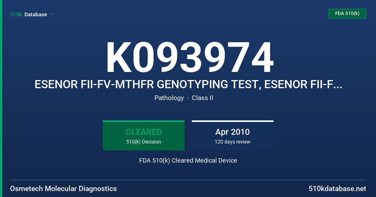 K093974 ESENOR FII-FV-MTHFR GENOTYPING TEST, ESENOR FII-FV GENOTYPING TEST, ESENOR FII GENOTYPING FDA 510(k) Cleared Medical Device