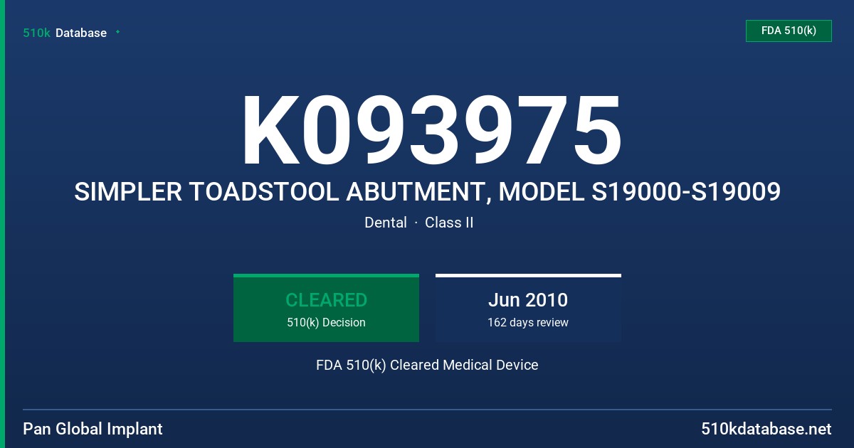 K093975 SIMPLER TOADSTOOL ABUTMENT, MODEL S19000-S19009 FDA 510(k) Cleared Medical Device
