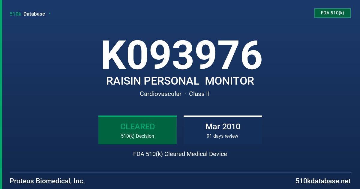 K093976 RAISIN PERSONAL  MONITOR FDA 510(k) Cleared Medical Device