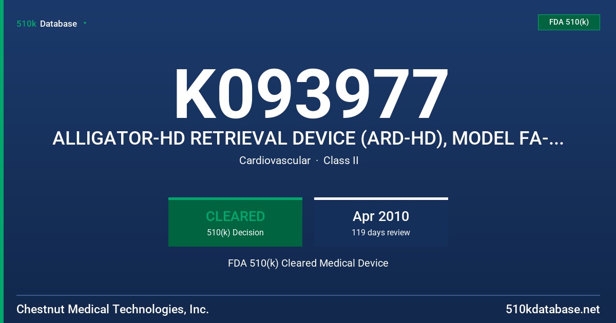 K093977 ALLIGATOR-HD RETRIEVAL DEVICE (ARD-HD), MODEL FA-88840-XX FDA 510(k) Cleared Medical Device