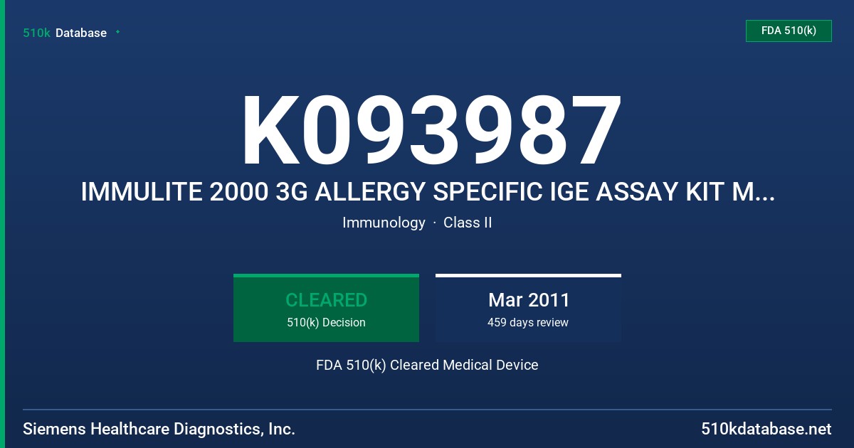 K093987 IMMULITE 2000 3G ALLERGY SPECIFIC IGE ASSAY KIT MODEL L2KUN6 FDA 510(k) Cleared Medical Device