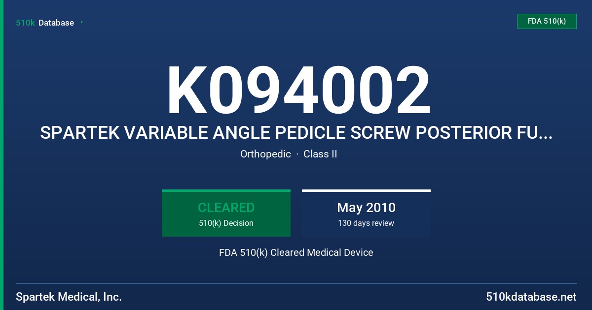 K094002 SPARTEK VARIABLE ANGLE PEDICLE SCREW POSTERIOR FUSION SYSTEM FDA 510(k) Cleared Medical Device