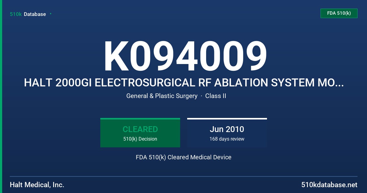 K094009 HALT 2000GI ELECTROSURGICAL RF ABLATION SYSTEM MODEL HALT 2000GI FDA 510(k) Cleared Medical Device