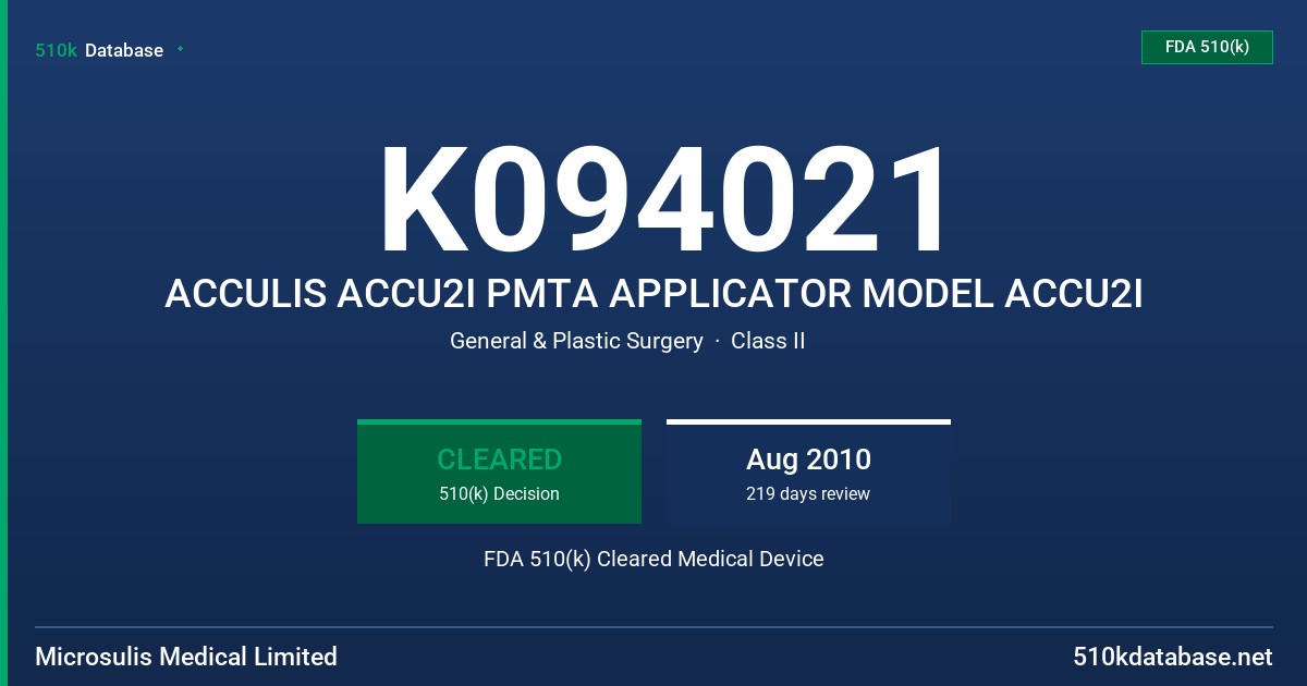 K094021 ACCULIS ACCU2I PMTA APPLICATOR MODEL ACCU2I FDA 510(k) Cleared Medical Device