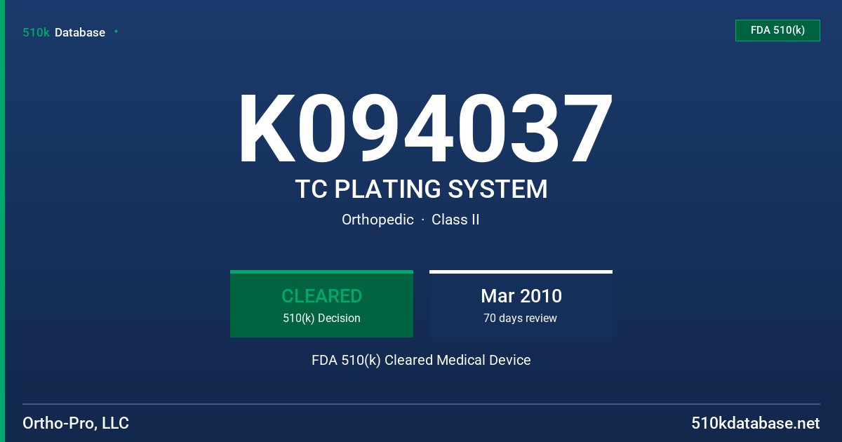 K094037 TC PLATING SYSTEM FDA 510(k) Cleared Medical Device