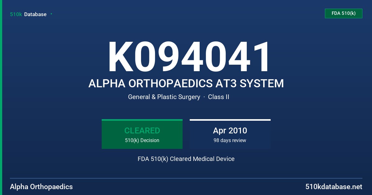 K094041 ALPHA ORTHOPAEDICS AT3 SYSTEM FDA 510(k) Cleared Medical Device