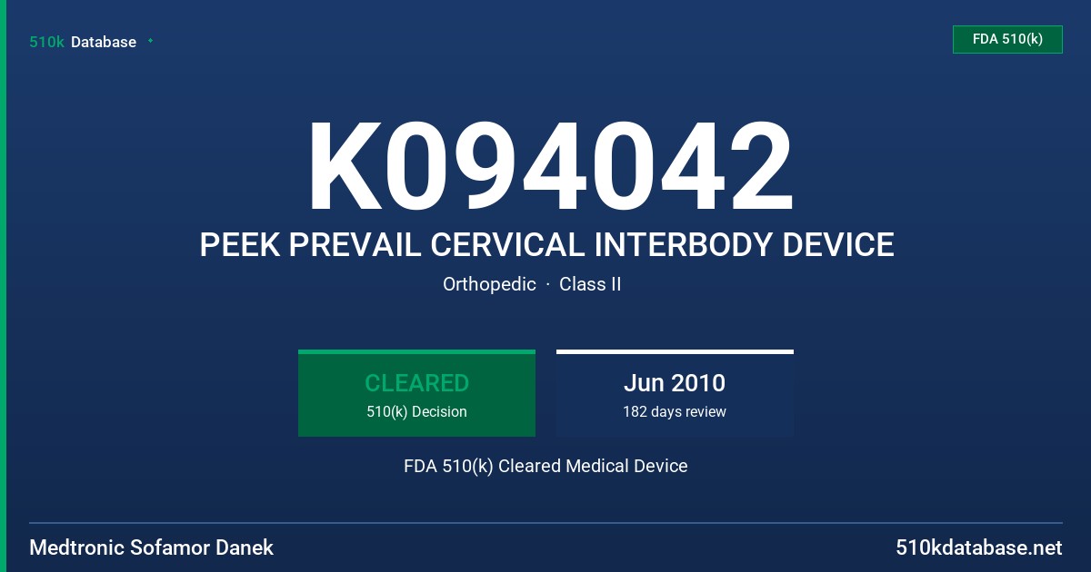 K094042 PEEK PREVAIL CERVICAL INTERBODY DEVICE FDA 510(k) Cleared Medical Device