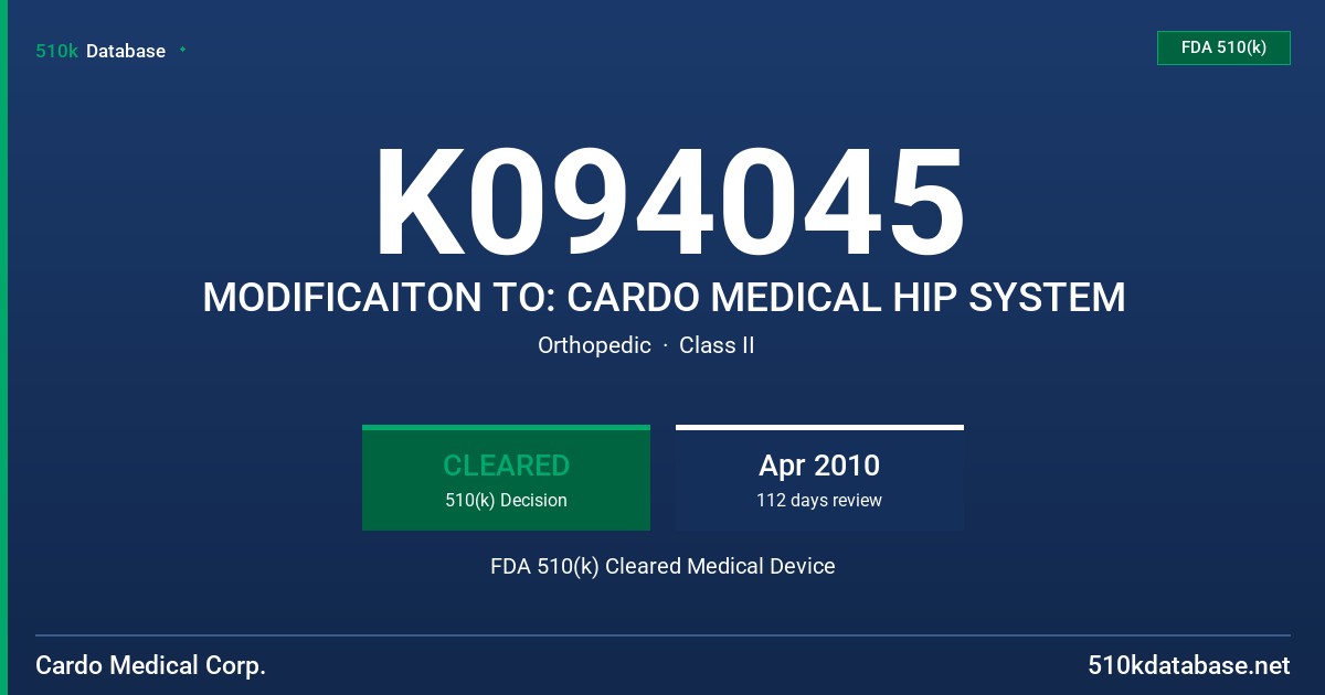 K094045 MODIFICAITON TO: CARDO MEDICAL HIP SYSTEM FDA 510(k) Cleared Medical Device