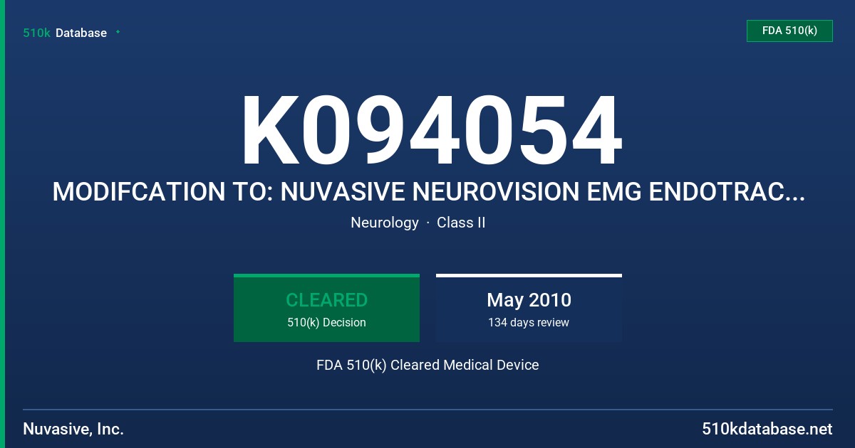 K094054 MODIFCATION TO: NUVASIVE NEUROVISION EMG ENDOTRACHEAL TUBE FDA 510(k) Cleared Medical Device