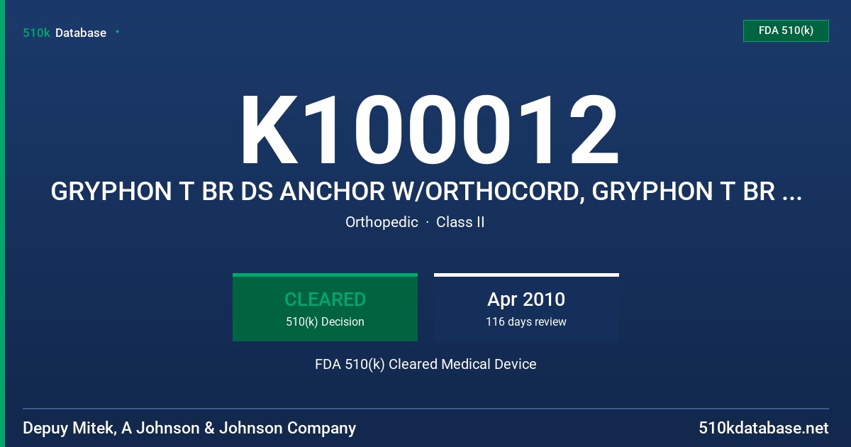 K100012 GRYPHON T BR DS ANCHOR W/ORTHOCORD, GRYPHON T BR ANCHOR W /ORTHOCORD, GRYPHON P BR DS ANCHOR W/ORTHOCORD, GRYPHON P BR A FDA 510(k) Cleared Medical Device