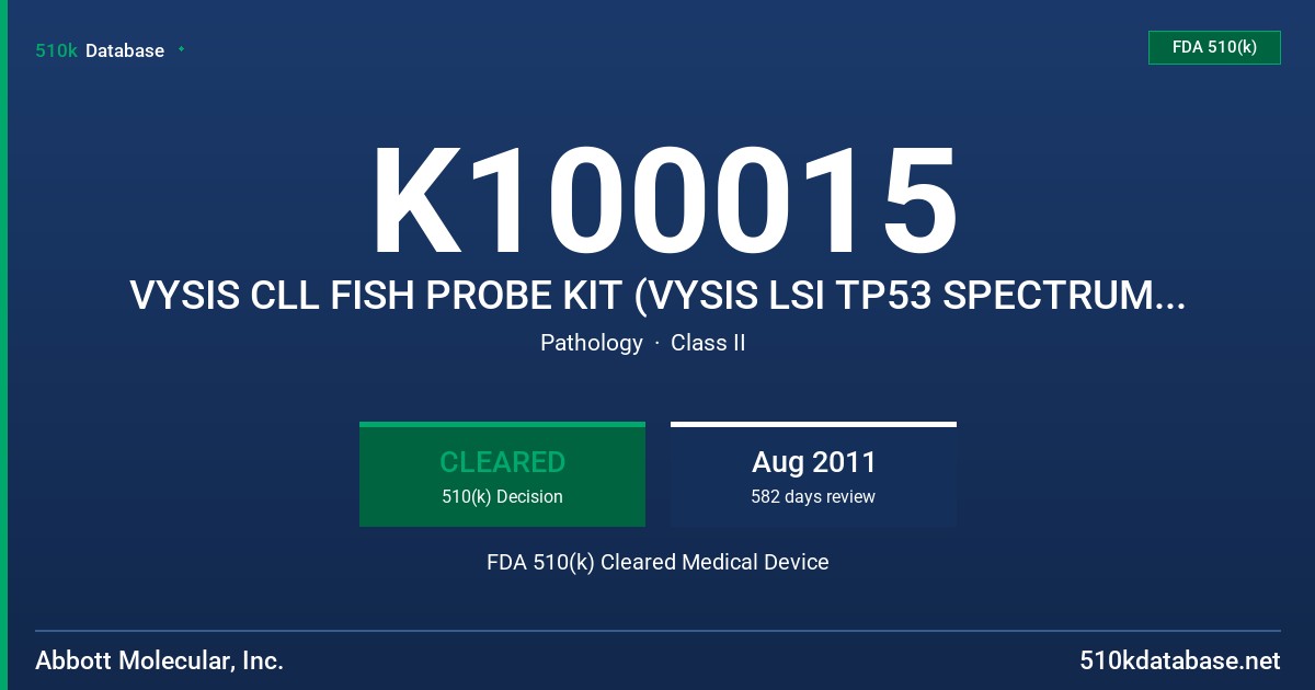 K100015 VYSIS CLL FISH PROBE KIT (VYSIS LSI TP53 SPECTRUMORANGE/ATM SPECTRUMGREEN) AND LSI D135319 SPECTRUMORANGE/13Q34 FDA 510(k) Cleared Medical Device